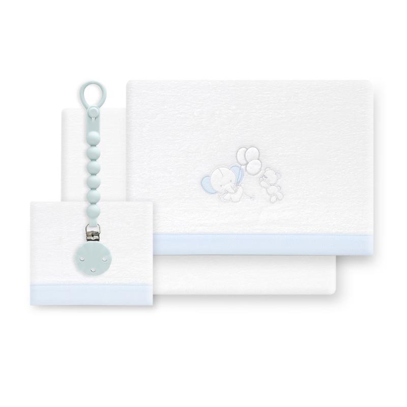 TRIPTICO CUNA CORALINA OSO ELEFANTE GLOBOS+BROCHE BCO/AZUL