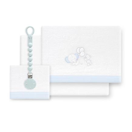 TRIPTICO CUNA CORALINA OSO ELEFANTE GLOBOS+BROCHE BCO/AZUL
