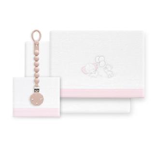 TRIPTICO CUNA CORALINA OSO ELEFANTE GLOBOS+BROCHE BCO/ROSA