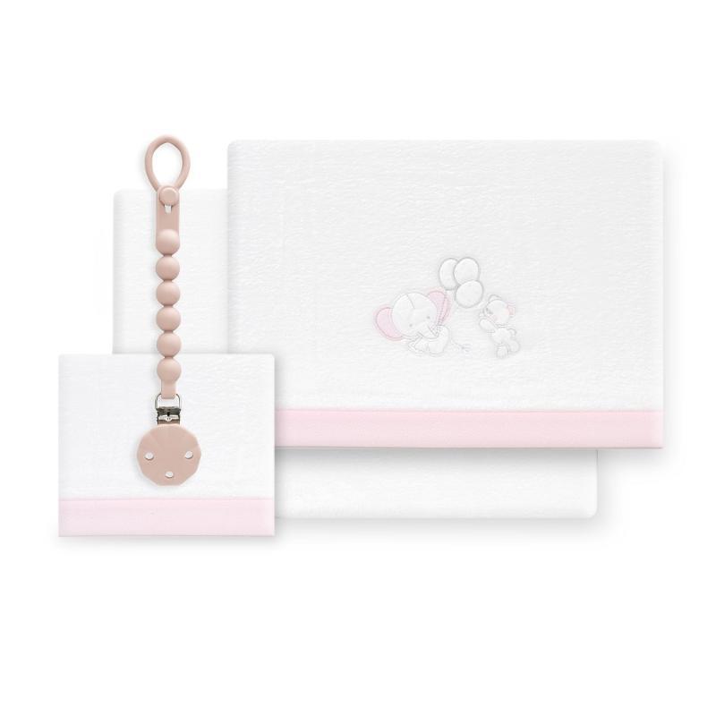 TRIPTICO CUNA CORALINA OSO ELEFANTE GLOBOS+BROCHE BCO/ROSA