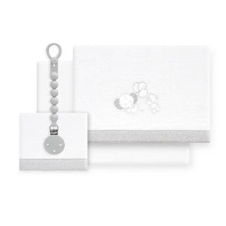 TRIPTICO CUNA CORALINA OSO ELEFANTE GLOBOS+BROCHE BCO/GRIS