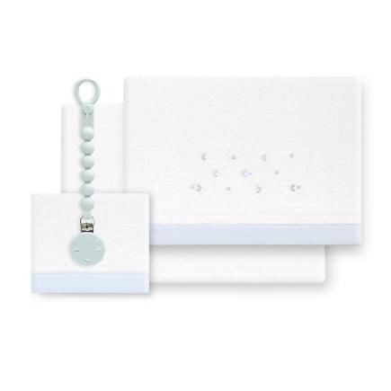 TRIPTICO CUNA CORALINA ESTRELLA LUNA MULTICOLOR + BROCHE BCO/AZUL