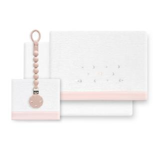 TRIPTICO CUNA CORALINA ESTRELLA LUNA MULTICOLOR + BROCHE BCO/ROSA