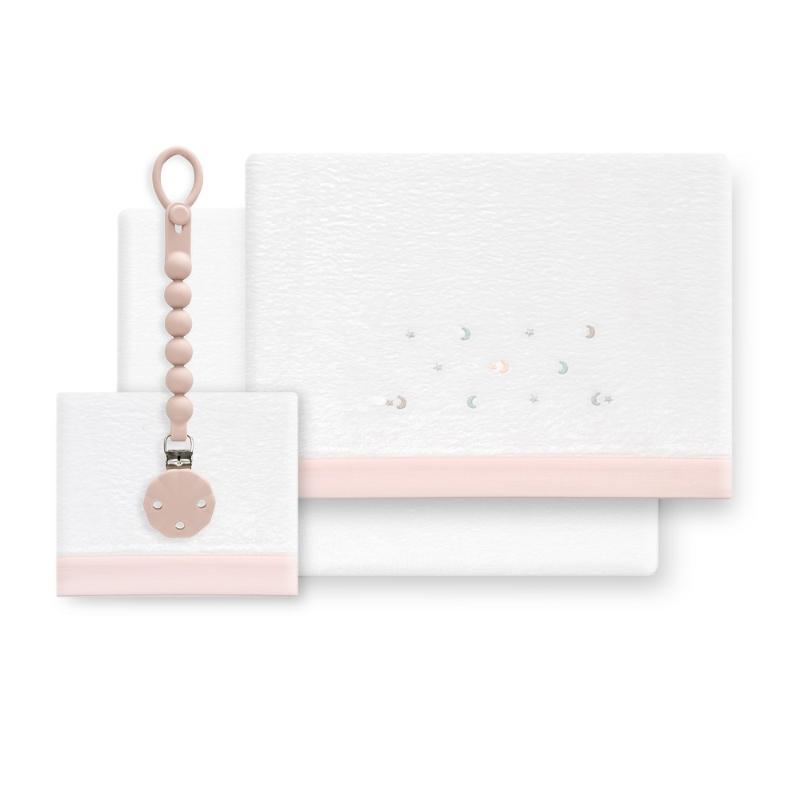 TRIPTICO CUNA CORALINA ESTRELLA LUNA MULTICOLOR + BROCHE BCO/ROSA