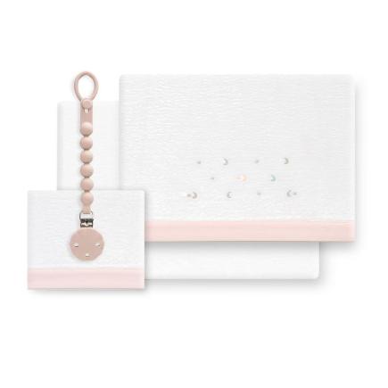 TRIPTICO CUNA CORALINA ESTRELLA LUNA MULTICOLOR + BROCHE BCO/ROSA