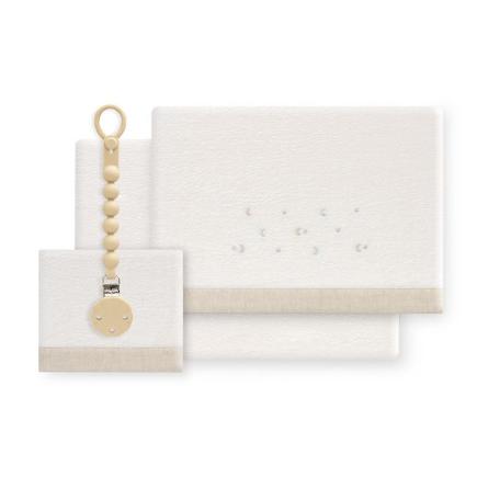 TRIPTICO CUNA CORALINA ESTRELLA LUNA MULTICOLOR + BROCHE BCO/BEIGE
