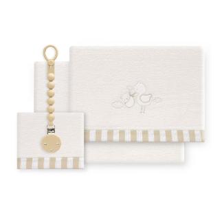 TRIPTICO CUNA CORALINA CIGUEÑA OSO + BROCHE BEIGE