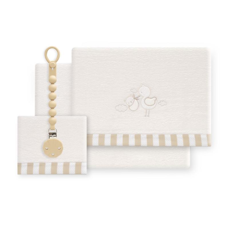 TRIPTICO CUNA CORALINA CIGUEÑA OSO + BROCHE BEIGE