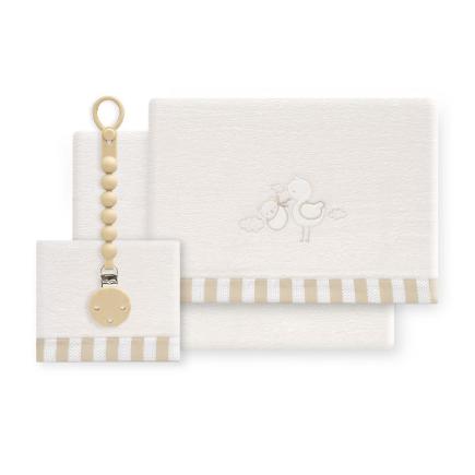 TRIPTICO CUNA CORALINA CIGUEÑA OSO + BROCHE BEIGE
