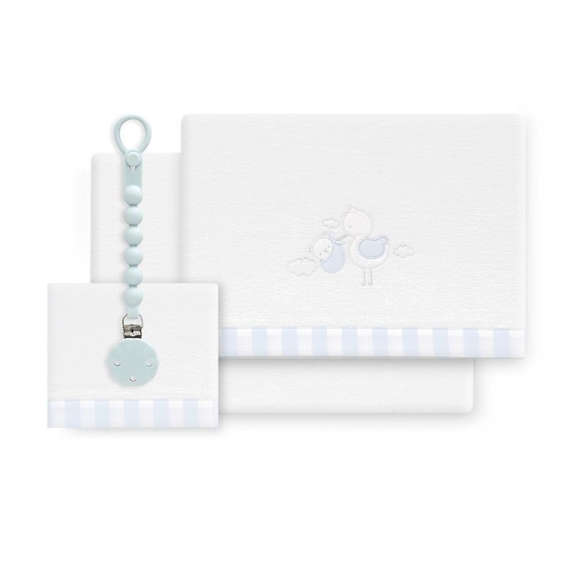 TRIPTICO CUNA CORALINA CIGUEÑA OSO + BROCHE BCO/AZUL
