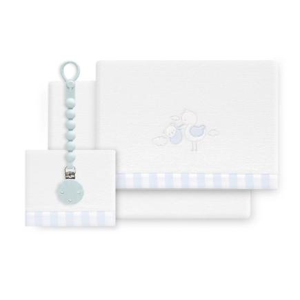 TRIPTICO CUNA CORALINA CIGUEÑA OSO + BROCHE BCO/AZUL