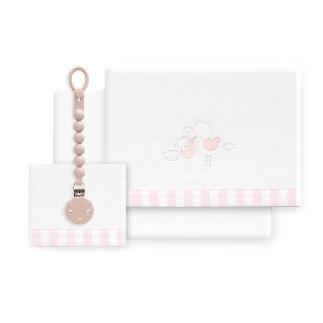 TRIPTICO CUNA CORALINA CIGUEÑA OSO + BROCHE BCO/ROSA