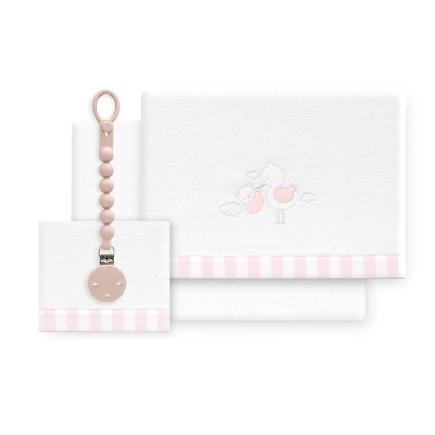 TRIPTICO CUNA CORALINA CIGUEÑA OSO + BROCHE BCO/ROSA