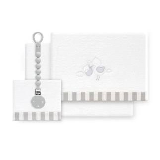 TRIPTICO CUNA CORALINA CIGUEÑA OSO + BROCHE BCO/GRIS
