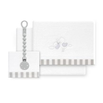 TRIPTICO CUNA CORALINA CIGUEÑA OSO + BROCHE BCO/GRIS