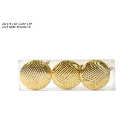 BOLAS PLANAS 10 CM 3 PIEZAS DORADAS EN CAJA PVC