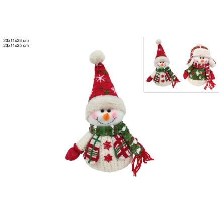 MUÑECO DE NIEVE SENTADO 25 CM / 33 CM CN VESTIDO DE LANA ROJO Y VERDE