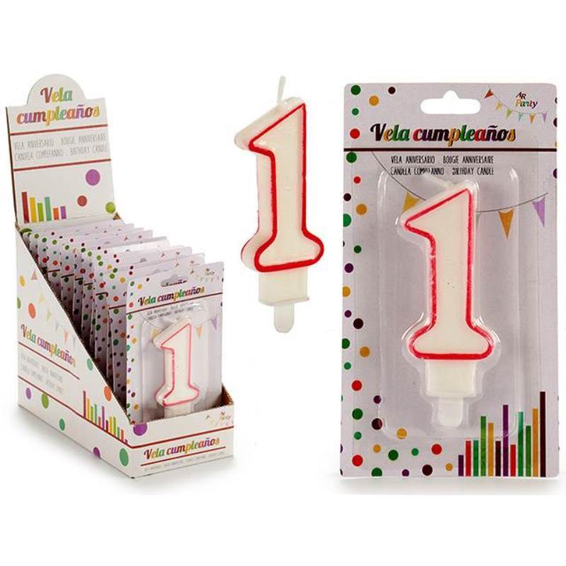 VELA CUMPLEAÑOS NUM 1 BLANCA BORDE ROJO