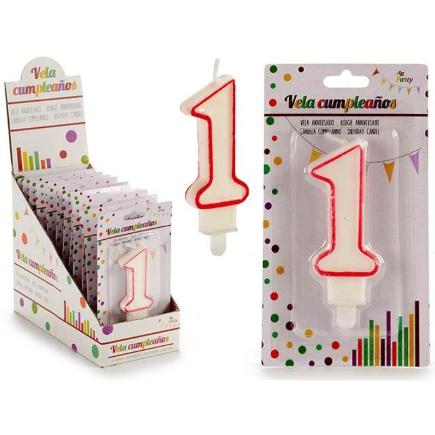 VELA CUMPLEAÑOS NUM 1 BLANCA BORDE ROJO