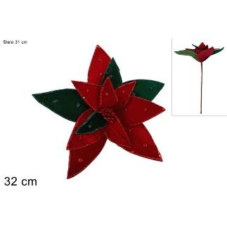 TALLO FLOR 32 CM TERCIOPELO CON BORDE GLITERADO ROJO/VERDE