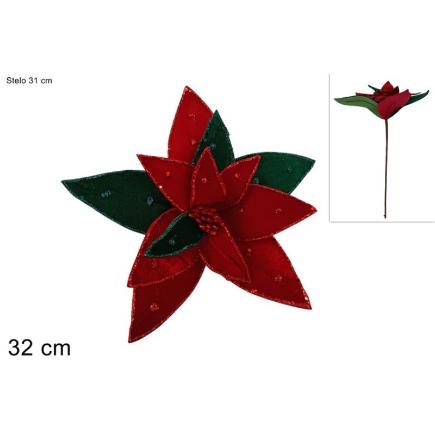 TALLO FLOR 32 CM TERCIOPELO CON BORDE GLITERADO ROJO/VERDE