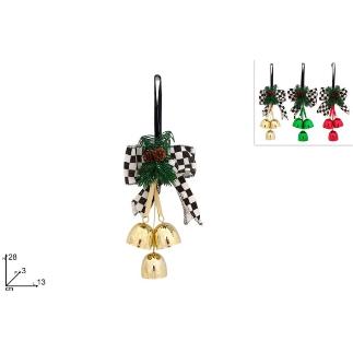 COLGANTE CON 3 CAMPANILLAS ROJAS Y CON LAZO DECORADO CON CUADRADOS SURT