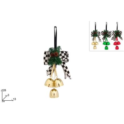 COLGANTE CON 3 CAMPANILLAS ROJAS Y CON LAZO DECORADO CON CUADRADOS SURT