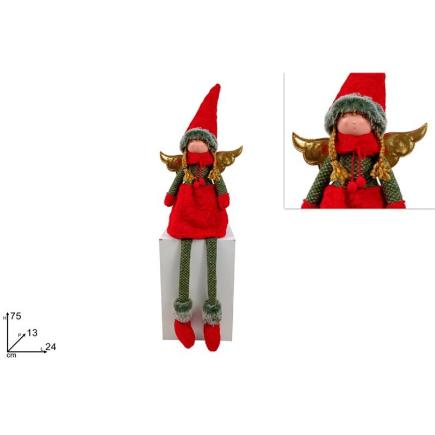 ANGEL SENTADO 75 CM CON TRAJE ROJO/VERDE CON PELAJE