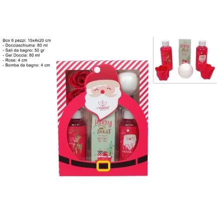 CAJA DE REGALO PAPA NOEL ROJO SET DE BAÑO 4 PIEZAS CON ROSAS