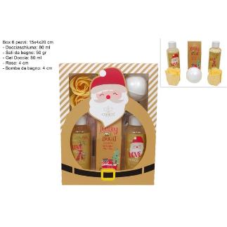 CAJA DE REGALO PAPA NOEL DORADO SET DE BAÑO 4 PIEZAS CON ROSA