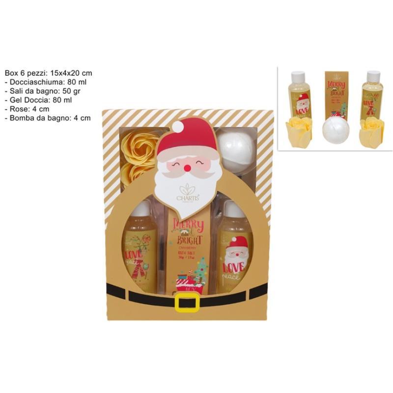 CAJA DE REGALO PAPA NOEL DORADO SET DE BAÑO 4 PIEZAS CON ROSA