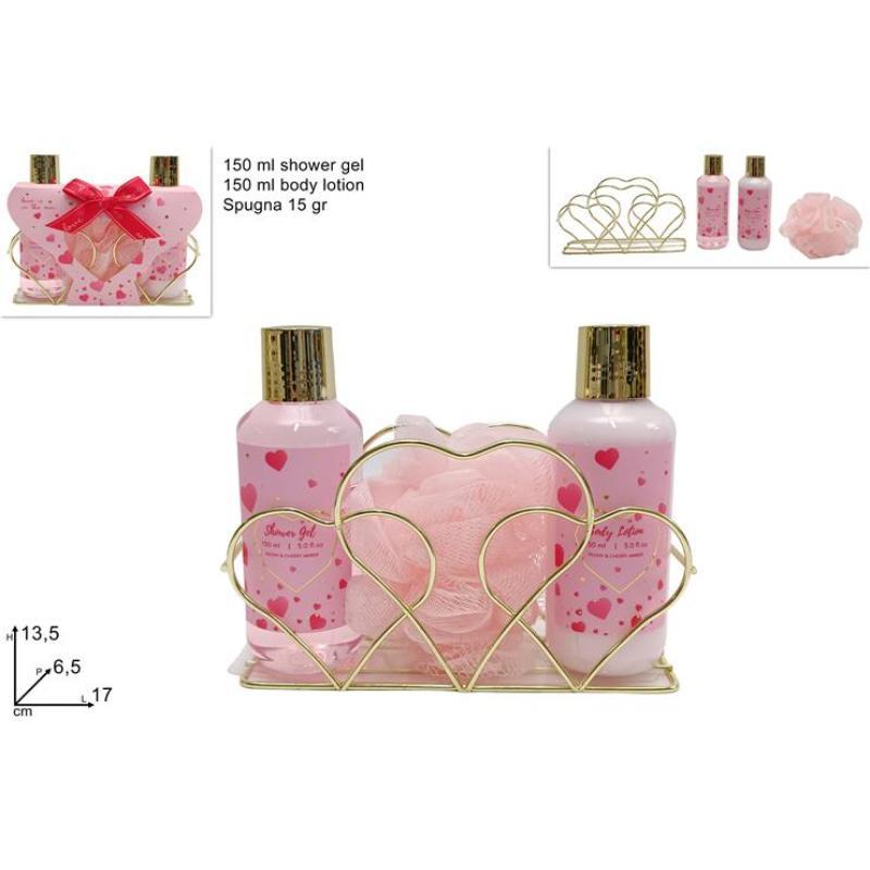 CAJA DE REGALO CORAZON SET DE BAÑO 3 PIEZAS ROSA