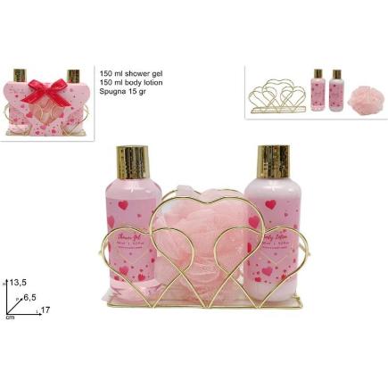 CAJA DE REGALO CORAZON SET DE BAÑO 3 PIEZAS ROSA