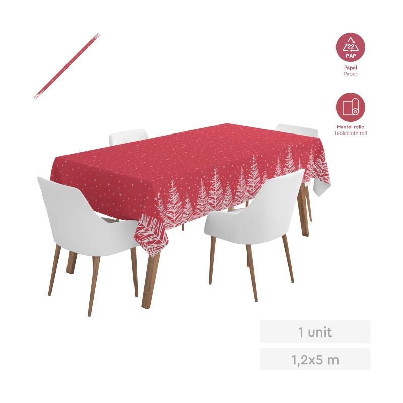 MANTEL ROLLO ROJO ABETOS BLANCOS 1.2X5 M PAPEL 1 UD