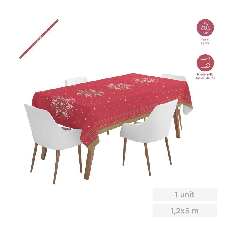 MANTEL ROLLO ROJO SNOWFLAKES 1.2X5 M PAPEL 1 UD