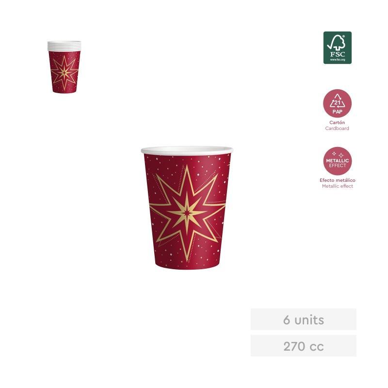 VASO CARTON ROJO FELIZ NAVIDAD COPO ORO 270 CC 6 UDS
