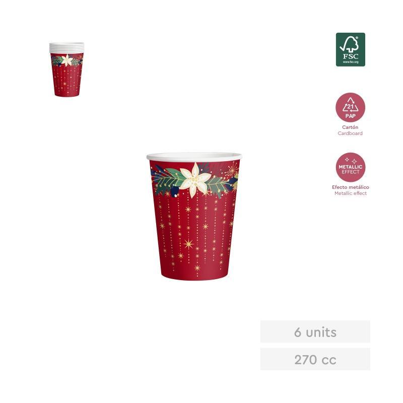 VASO CARTON ADORNOS ROJOS ORO 270 CC 6 UDS