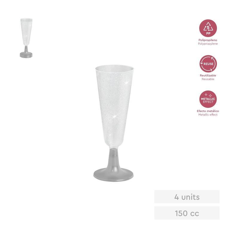 COPA CAVA REUTILIZABLE TRANSP GLITTER PLATA 150 CC 4 UDS