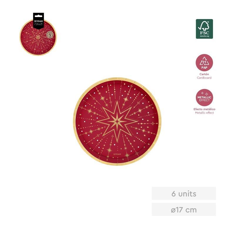 PLATO LLANO POSTRE REDONDO ROJO FELIZ NAVIDAD ORO 17 CM CARTON 6 UDS