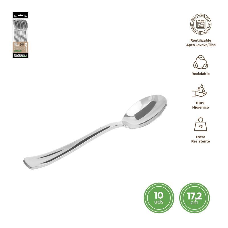 CUCHARA REUTILIZABLE PLATA METALIZADA 17.5 CM 10 UDS