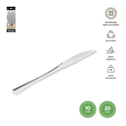CUCHILLO REUTILIZ PLATA METALIZADA 20 CM 10 UDS