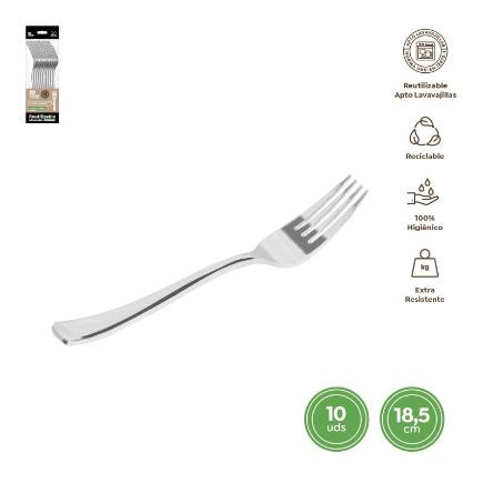 TENEDOR REUTILIZABLE PLATA METALIZADA 18.5 CM 10 UDS