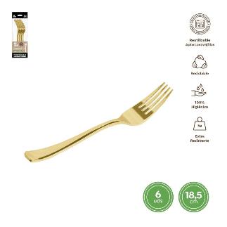 TENEDOR REUTILIZABLE ORO METALIZADO 18.5 CM 6 UDS