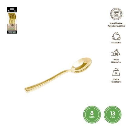 CUCHARITA REUTILIZABLE ORO METALIZADO 13 CM 8 UDS
