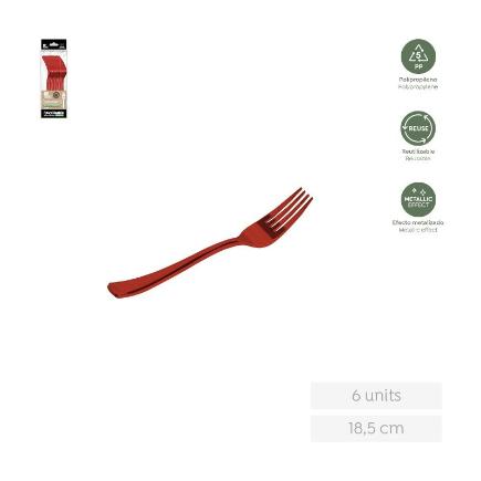 TENEDOR REUTILIZABLE ROJO METALIZADO 18.5 CM 6 UDS