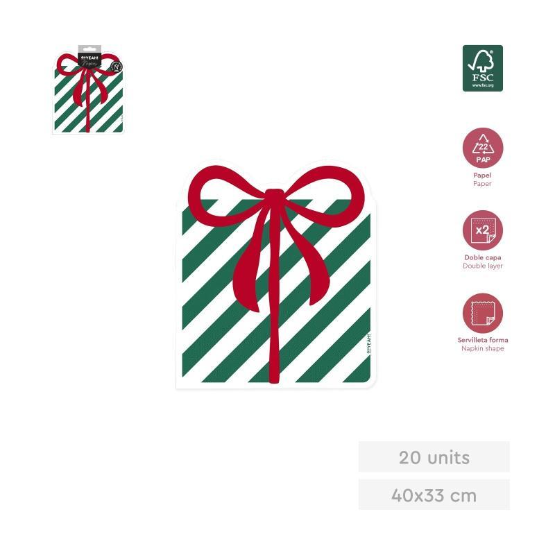 SERVILLETA DOBLE CAPA FORMA REGALO LAZO ROJO 40X33 CM PAPEL 20 UDS