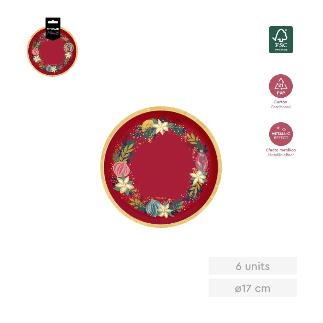PLATO LLANO ROJO ADORNOS ORO 17 CM CARTON 6 UDS