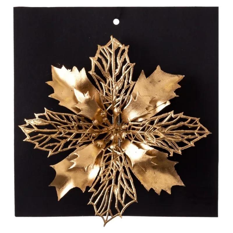 PICK POINSETTIA CON CLIP PLASTICO ORO 16X16 CM