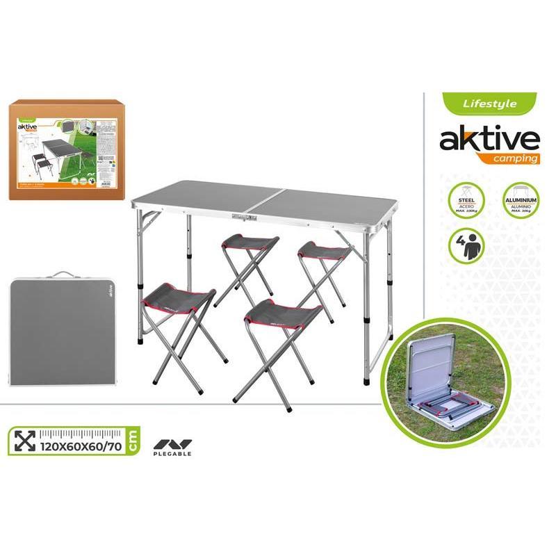 SET MESA CAMPING GRIS 120X60XH60/70 CM C/4 TABURETE