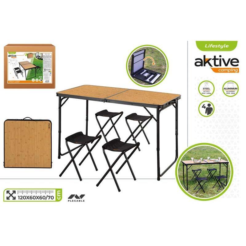 SET MESA CAMPING BAMBU 120X60X60/70 CM C/4 TABURETES
